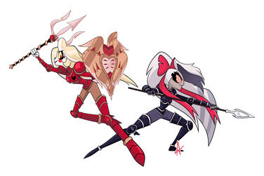 Charlie and Vaggi from Hazbin Hotel donning Utena and Anthy's armor from Revolutionary Girl Utena.